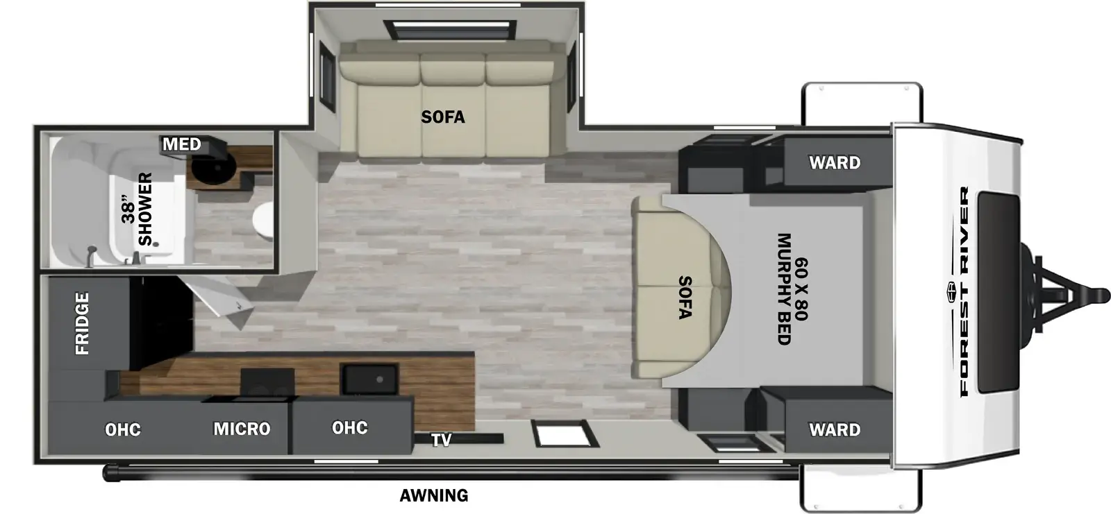 The 20MRK has one slideout and one entry. Exterior features an awning. Interior layout front to back: murphy bed sofa, with wardrobes on each side; off-door side sofa slideout; door side entry; off-door side rear full bathroom with medicine cabinet; door side kitchen counter with TV, sink, overhead cabinet, microwave, cooktop, wraps to rear with refrigerator.